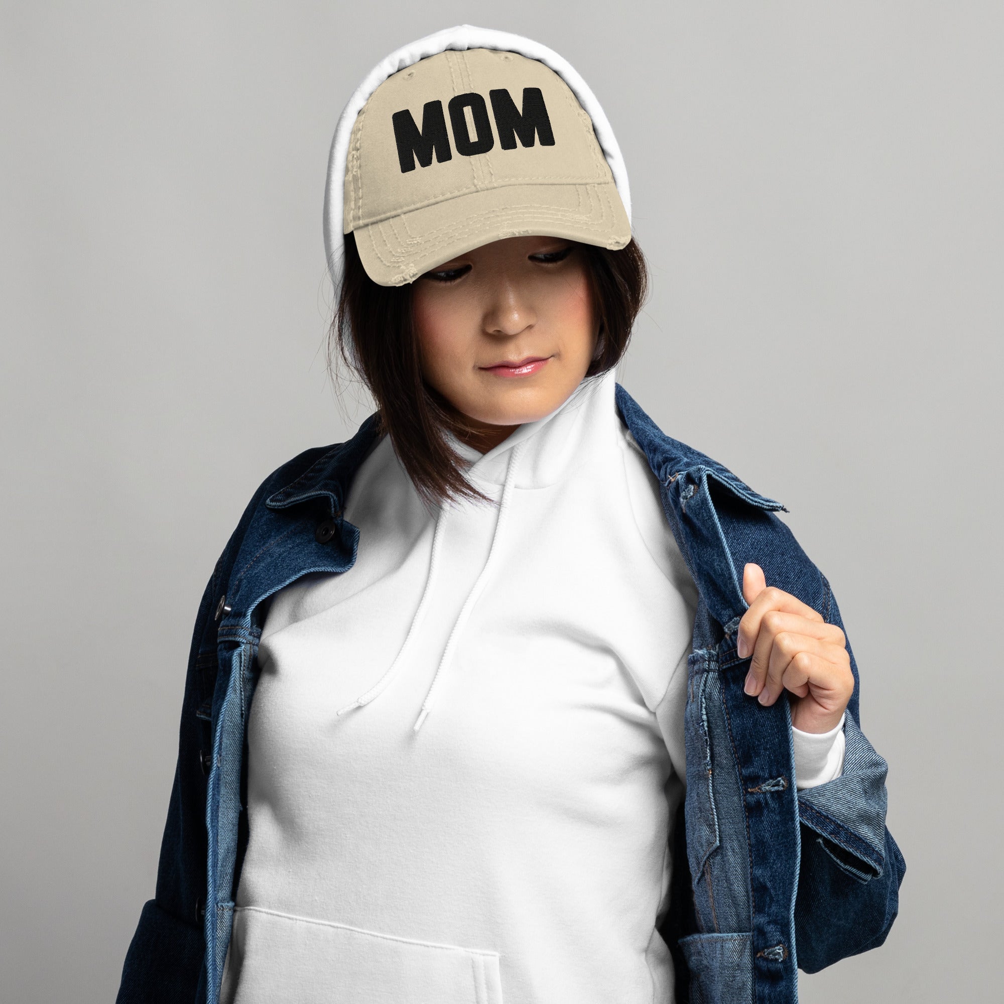 Embroidered MOM Distressed-Look Hat