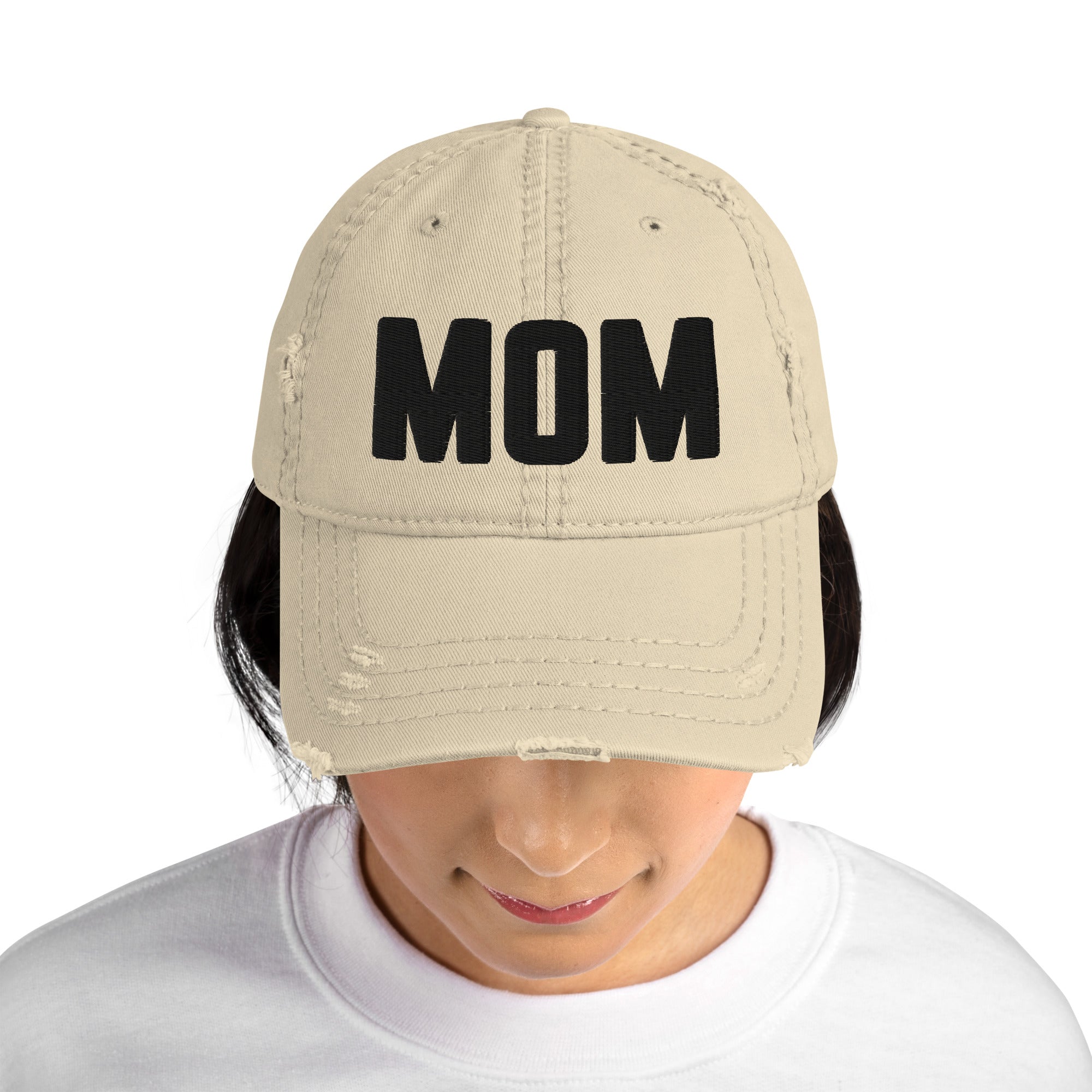 Embroidered MOM Distressed-Look Hat